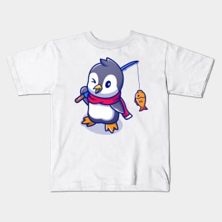 Cute Penguin Fishing Cartoon Kids T-Shirt